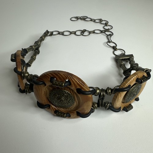 VTG Y2k Festival Medallion Belt Wood Brass Link Chain Adjustable Boho Tribal - Picture 7 of 14