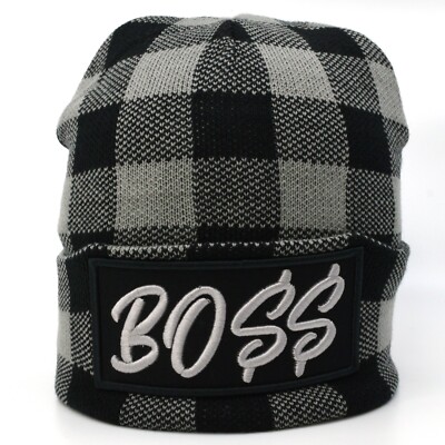 Boss Embroidery Knit Winter Warm Skull BO$$ Hat Fold-Up Beanie Cap