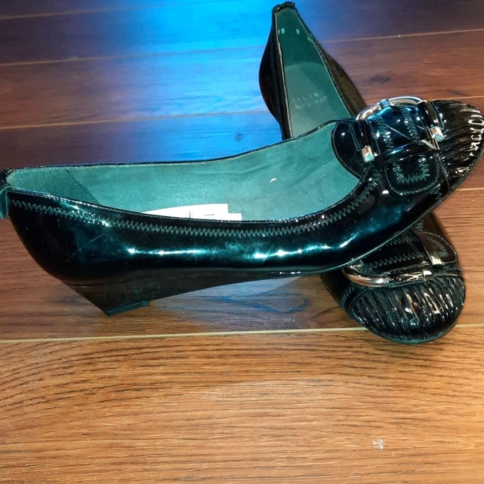 Zapatos Stuart Weitzman Mujer 9 Negro Charol Plisadolo Cuña Formal Fiesta Foto 3 de 4