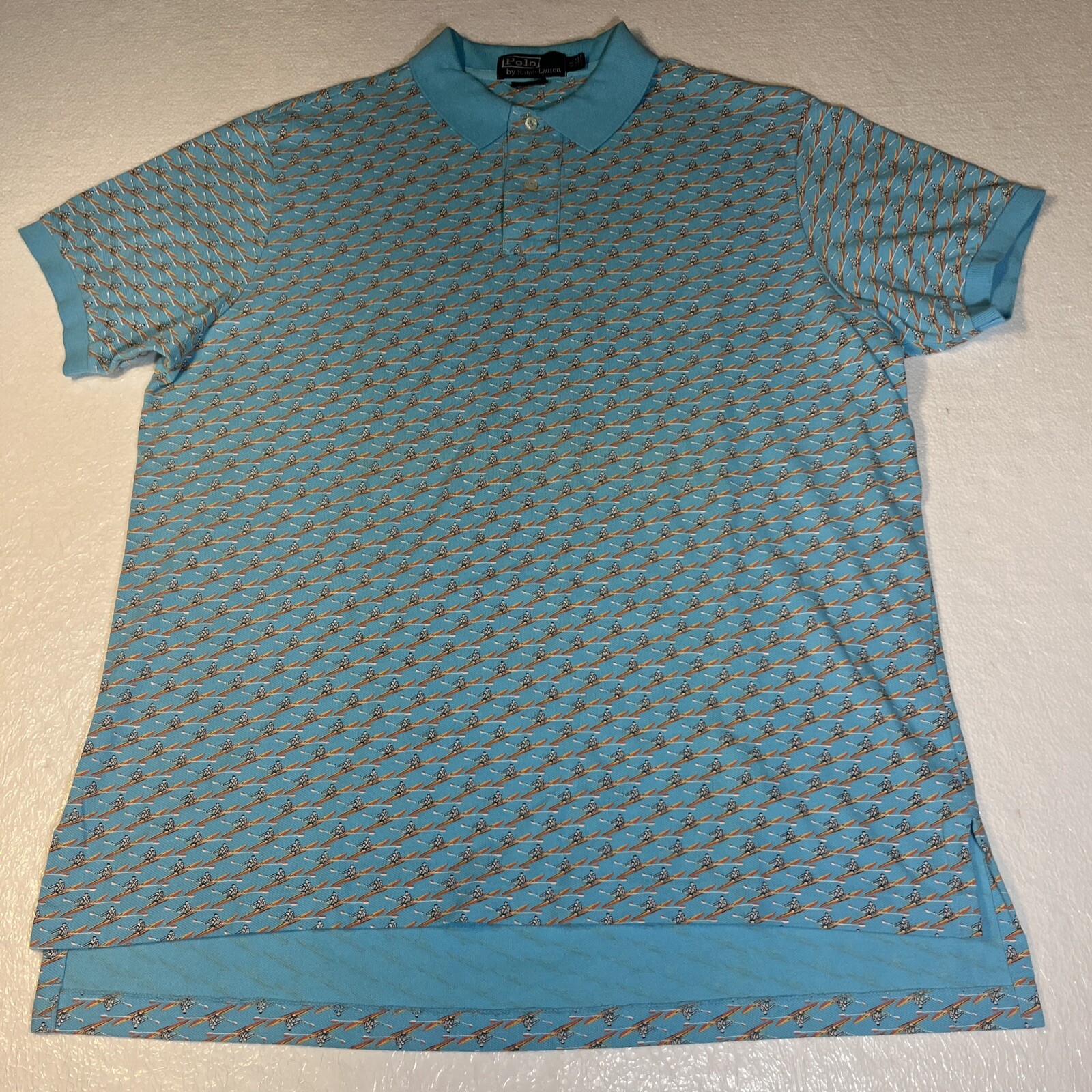 FILA Polo Ralph Lauren camicia uomo XL blu vintage canoa canottaggio AOP anni 90 casual