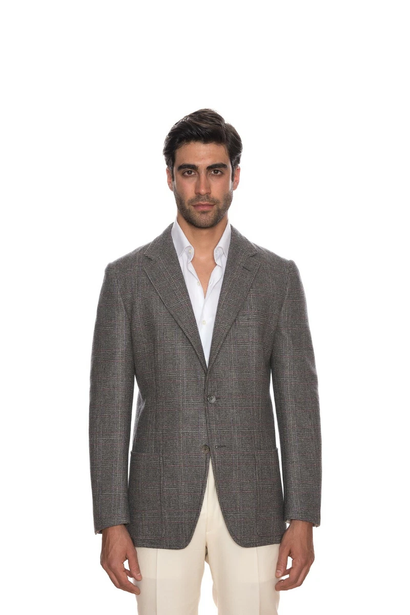 D'AVENZA Gray Cashmere Wool Windowpane Jacket Sewn in Italy 40 US