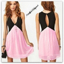 Women Deep V Sleeveless Black Pink Chiffon Party Club Holiday Short Dress NWOT S