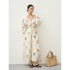 Women Breasted Slim-fitting Floral Printed Long Sleeve V-neck Long Dress Elegant