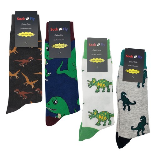 NWT Dinosaur Dress Socks 4 Pack Novelty Men 8-12 Crazy Fun Sockfly - Picture 2 of 6