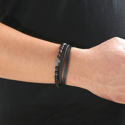 Black Onyx 3 Strands Christ Cross Genuine Leather Fashion Men Bracelet Xmas Gift - Picture 2 of 3