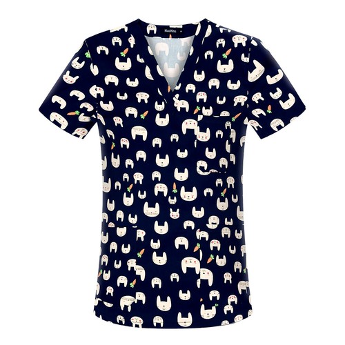 100% Cotton Unisex Scrub Tops Men Women Short Sleeve Digital Printing Medical - Picture 33 of 53