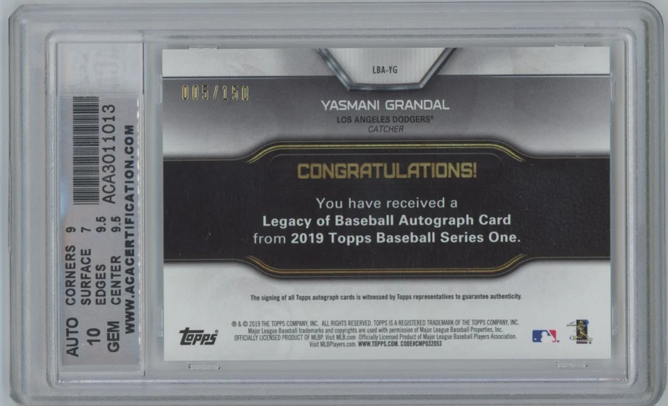 Autógrafos Topps Legacy of Baseball 2019 150 aniversario 005/100 Yasmani Foto 2 de 2