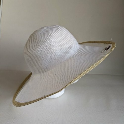 Packable Travel Floppy Straw Hat White with Tan Edge Vacation Mode - Picture 3 of 12