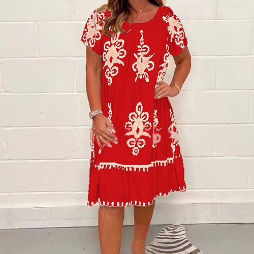 Women's Summer Boho Floral Midi Dress Ladies Crew Neck Short Sleeve Sundress - Picture 14 of 20