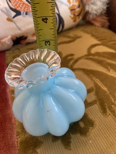 FENTON Blue Cased Glass/Clear Ruffled Neck Beaded MELON VASE Vintage - Picture 9 of 11
