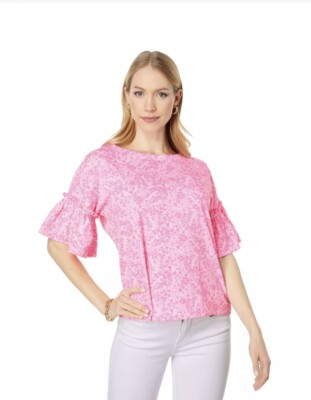 LILLY PULITZER Ziva Pink Shady Invest A Gator Blouse XL Pink Floral Print