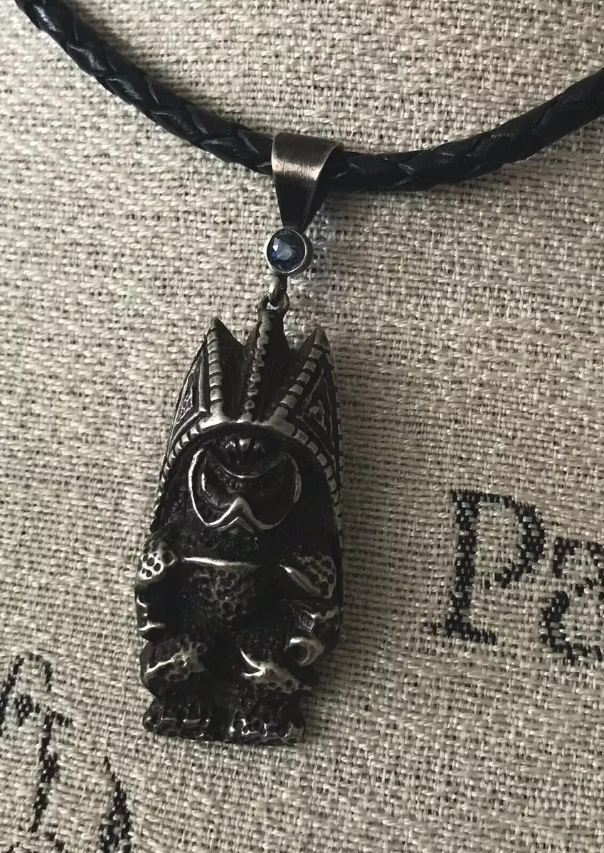Sterling Silver Tiki God Kane Pendant Sapphire Leather Woven Necklace 17.5 Inch