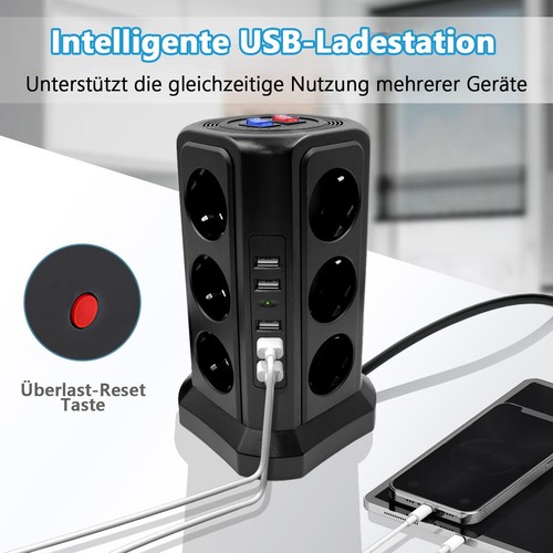 12 Fach Mehrfachsteckdose Mit 5USB Steckdosenturm Schalter für Zuhause Büro 2M - Bild 28 von 32