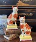 Glorious Rare Large 19C Russet White English Staffordshire Mantle Cat Pair 7.5” — photo 8