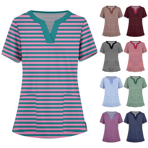 Women's Fashion V-neck Short Sleeve Workwear With Pockets Printed Tops Summer
