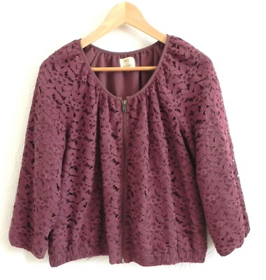 Pins and Needles Cotton Blend Lace Jacket Semi-Crop Lined Full Zip 3/4 Sleeve L