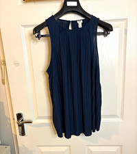 River Island Navy Pleated Shift Dress 12 Sleeveless Chiffon Round Neck Button