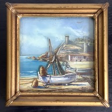 Old Layered 3D Reverse Glass Painting Sea Boat Coastal Beach Gold Gilt Frame 