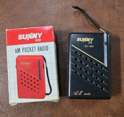 VINTAGE SUNNY AM POCKET RADIO SX 100 COLOR Black 1987 With Box Tested Working 