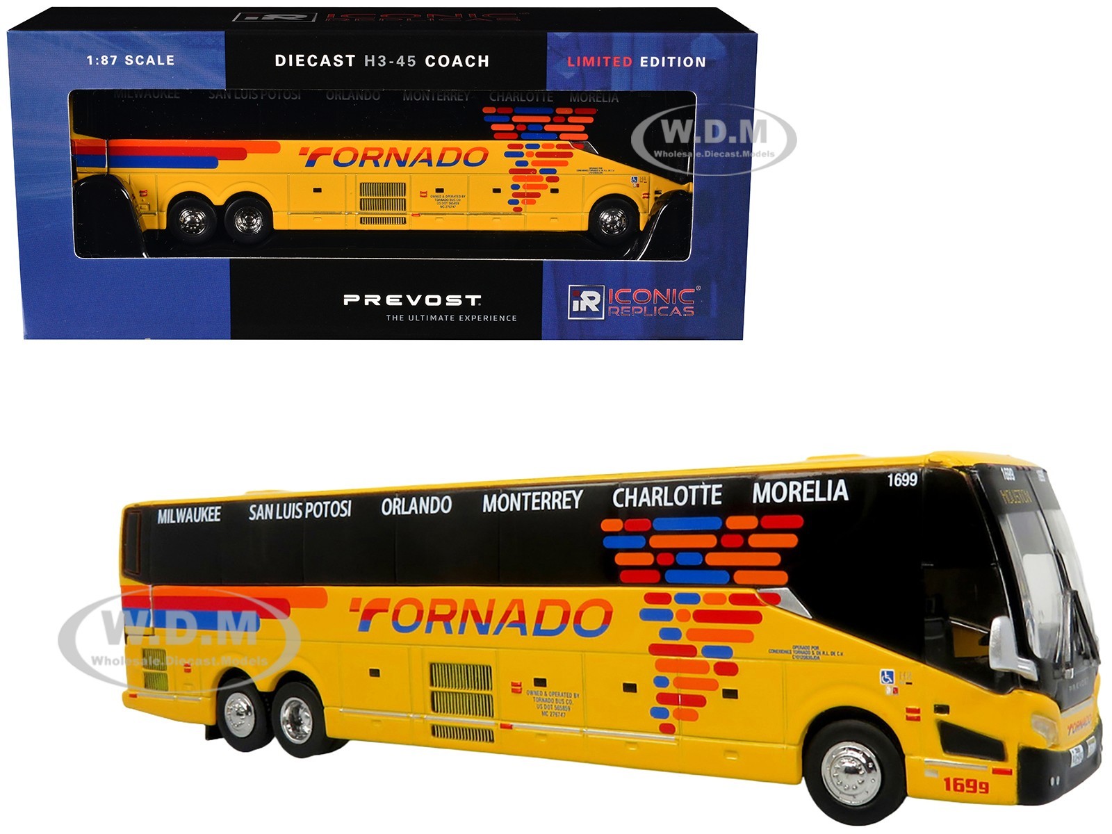 PREVOST H3-45 COACH BUS TORNADO BUS CO YELLOW 187 BY ICONIC REPLICAS 87-0612 11590₽