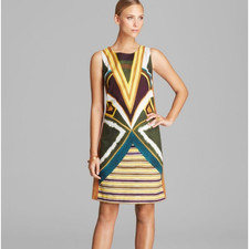 Lafayette 148 Abstract Art Green Tiki Sheath Sleeveless Dress Sz 10 Pockets