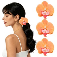 Orchid Flower Hair Clips 3.5 Inch 3Pcs, Hair Flowers for Women, Orange