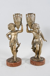 C55D20 2x Figurine Putto Candlestick Candlestick Cast Metal Bronzed Circa 1900