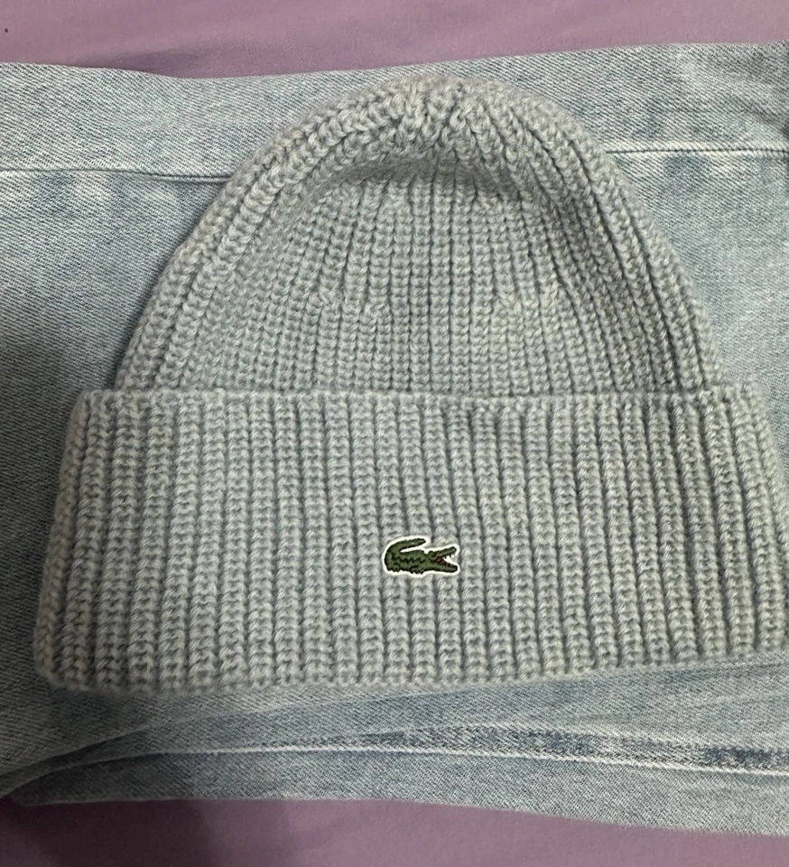 NUEVO ~ LACOSTE “Unisex” 100% LANA Gorro Sombrero con Puños - Talla Única Foto 2 de 4