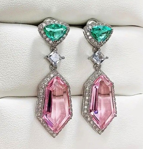 925 Silver Plated Elegant Pink & Green Earrings Lab-Created Swarovski Crystal - Picture 4 of 4
