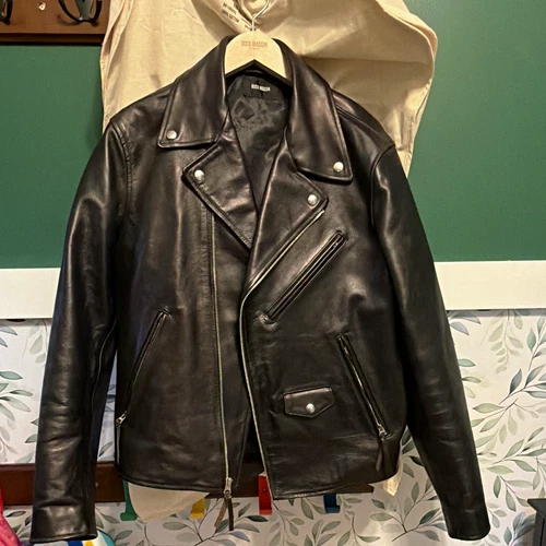 Buck Mason Men's Black Leather Biker Jacket Zip Front Pockets Size L 44" - product listing photo