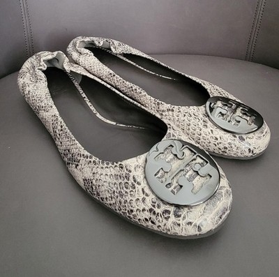 Tory Burch Ballet Flats Shoes Faux Snake Skin Embossed Leather 8 Gray Beige Blac