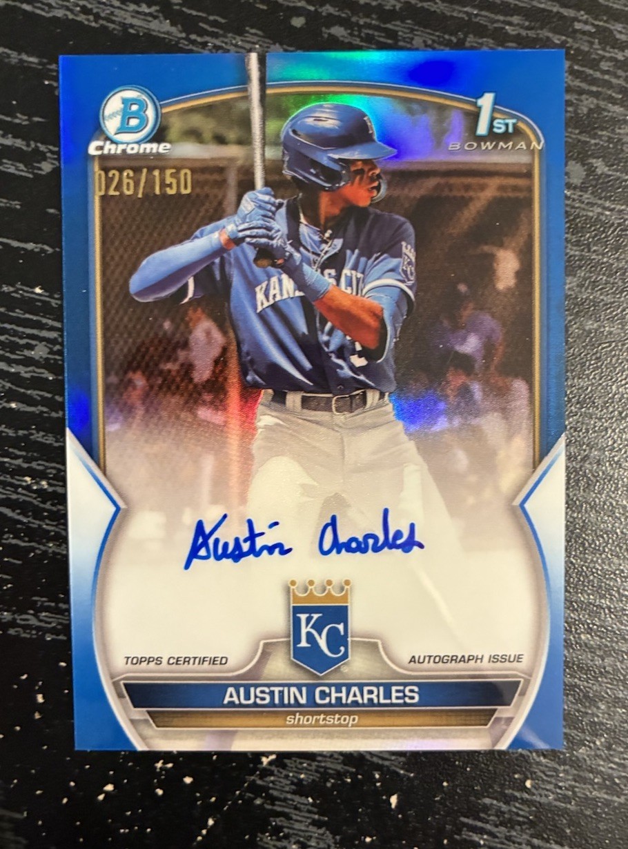 2023 Bowman Austin Charles Chrome Auto Blue Refractor 1st Prospect #/150 Royals