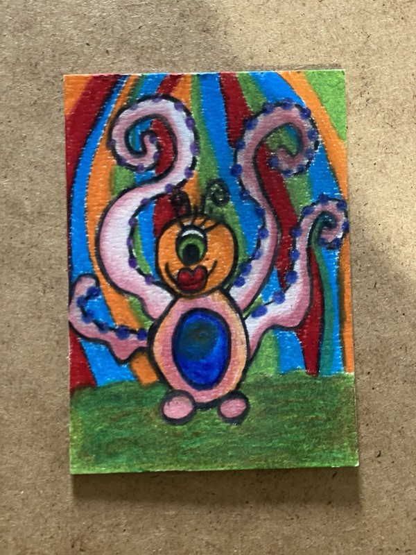 ACEO Original Painting, Abstract Cartoon Character,color pencils  Hayley Brauns
