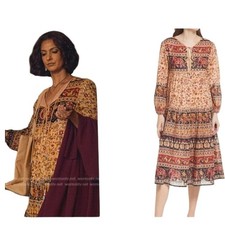 Raga NWT SZ Med Bohemian Maxi Dress Elephant Peacock Print Tie Neck Long Sleeve