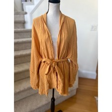 Urban Mango Boho Light Orange Raw Hem Embroidered Tie Waist Kimono M/L