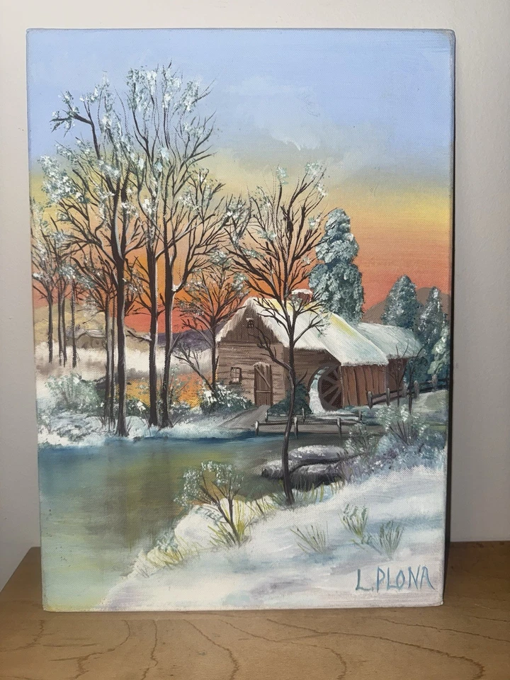 Original Oil Painting Bob Ross Style Winter Cabin Landscape Signed L. Palona - Image 2 of 4