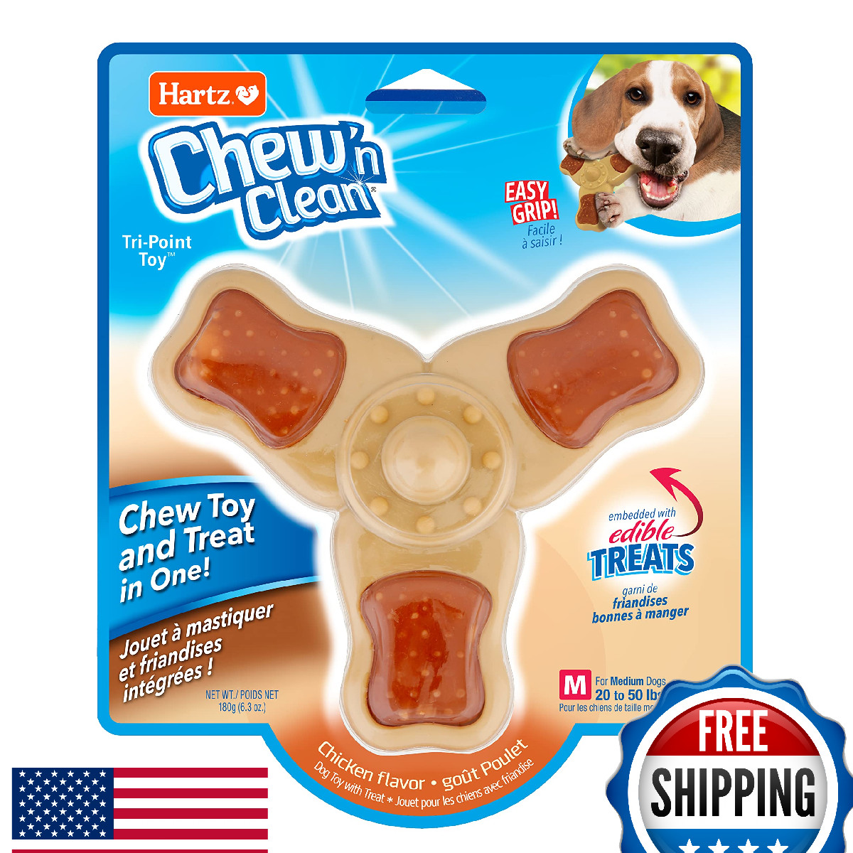 Hartz Chew n' Clean Tri-Point Dog Toy - Chicken Flavored Chew & Treat