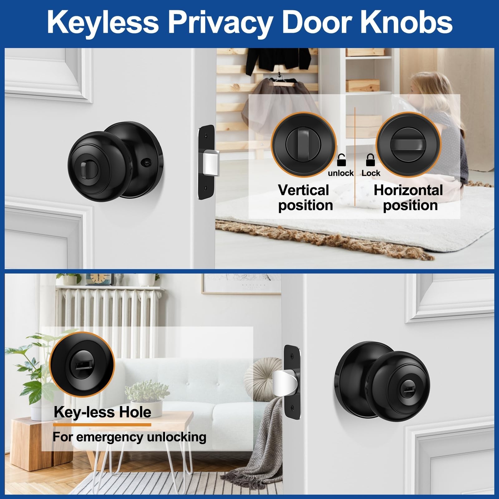 10 Pack Privacy Door Knob, Matte Black Door Knobs Interior Keyless Door Locks...