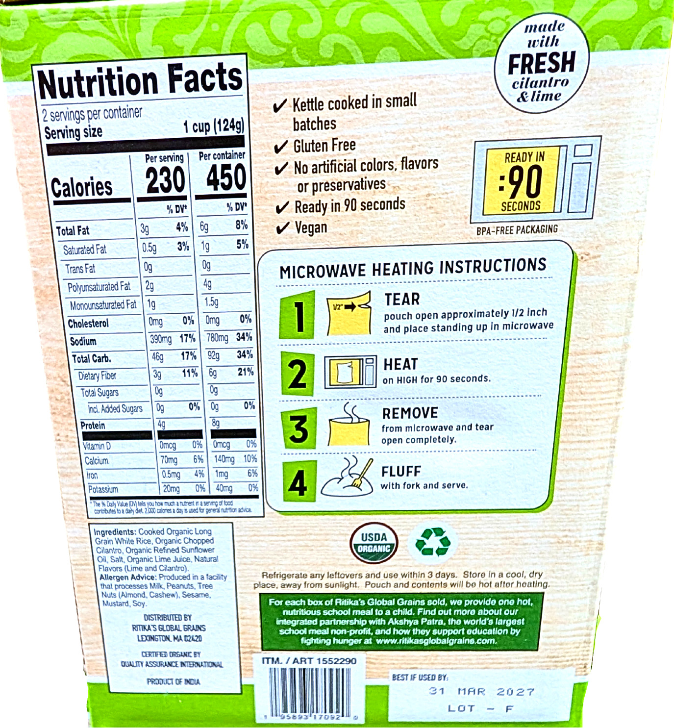 Ritika's Organic Cilantro Lime Rice Gluten Free 6x8.8 Ounce Pouches EXP 03/2027