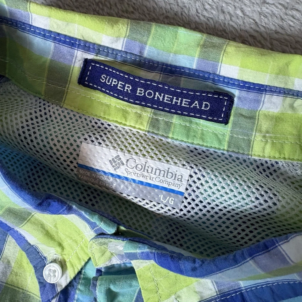 Columbia PFG Shirt Men XL Super Bonehead Blue Green Plaid Long Sleeve Omni-Shade - Image 3 of 4