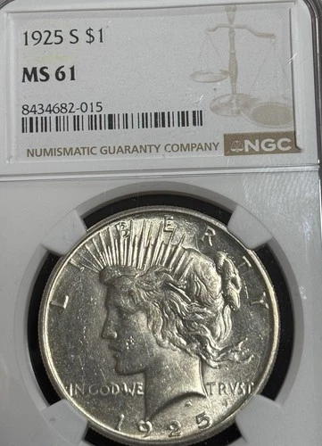 1925s Peace Dollar NGC graded MS61 no-issue coin full of luster!