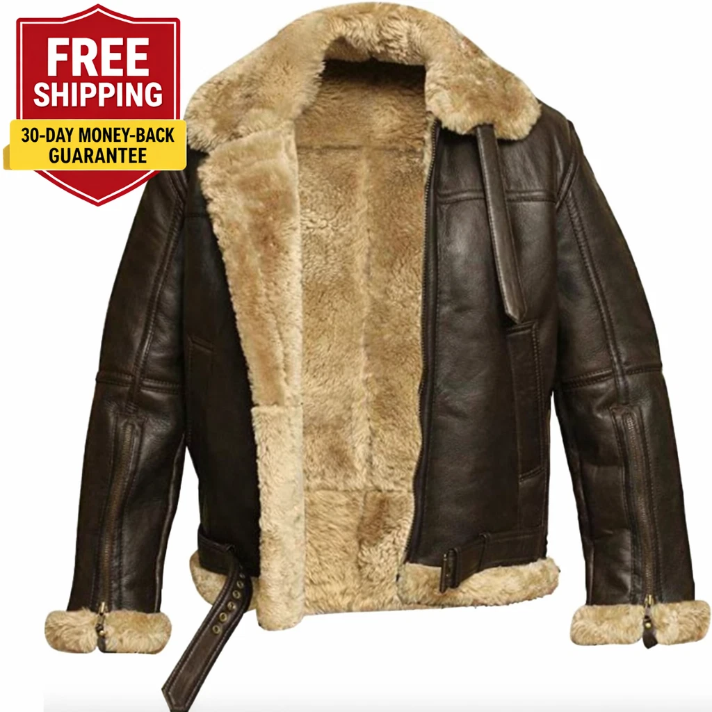 Mens Raf B3 Real Leather Aviator Jacket Flying Bomber SheepSkin Pilot Coat Brown