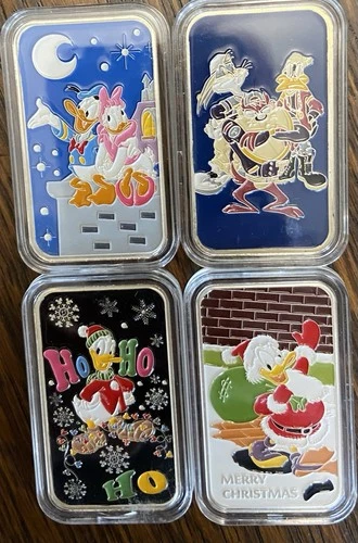 FOUR 1 Ounce .999 Silver Bars Enamel Donald Duck Bugs Bunny Tasmanian Christmas