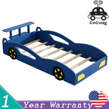 Wooden Race Car Bed Frame Car-Shaped Platform Twin Bed with Wheels for Kid