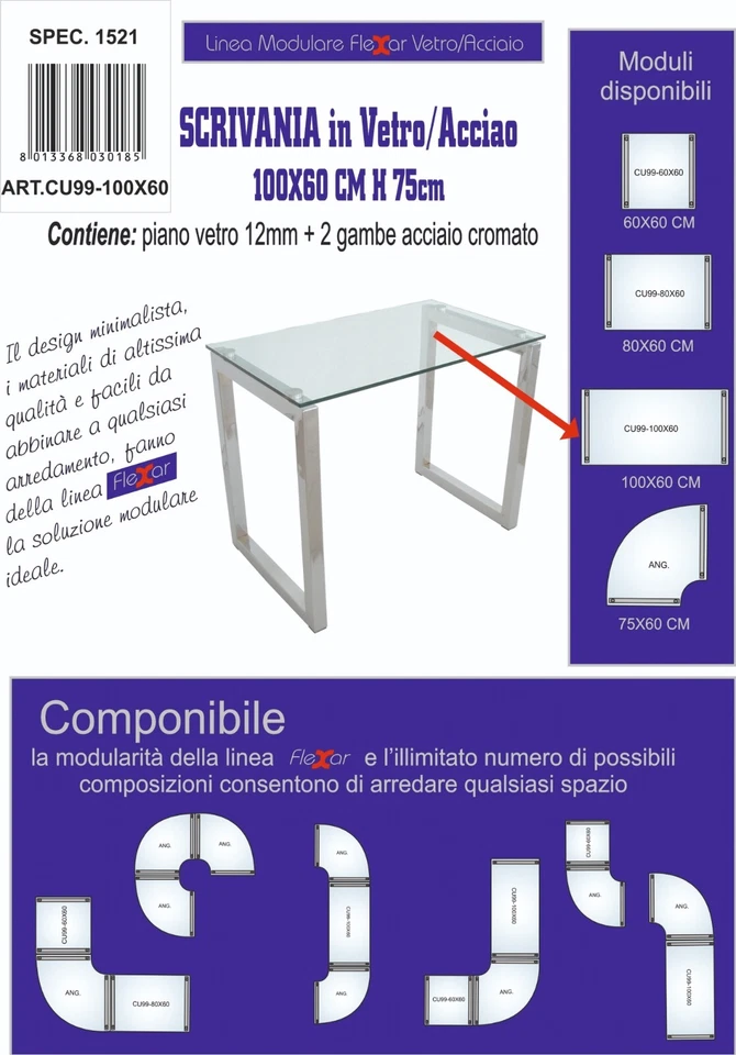 SCRIVANIA IN VETRO TEMPERATO 12MM E ACCIAIO CROMATO COMPONIBILE - Immagine 4 di 4