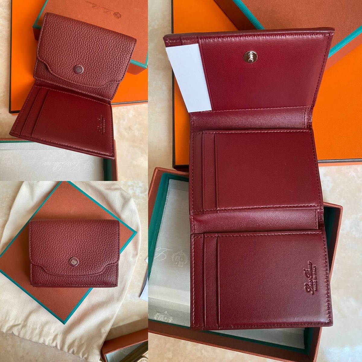 Loro Piana Wallet Card Holder Burgundy Leather Compact Wallet 
