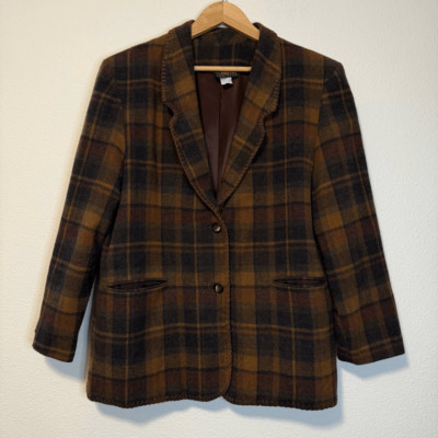 Vintage David Paul New York Plaid Brown Wool Blend Stitched Collar Blazer Size 1