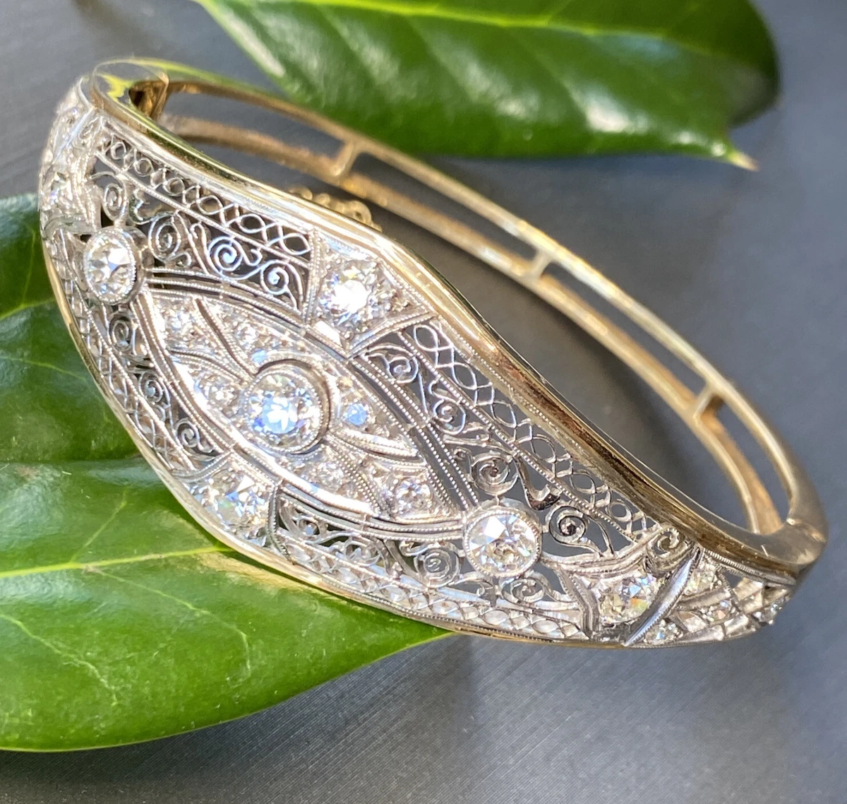 Antique Art Deco Diamond Filigree Bracelet 14K White Gold I. D. 7.5