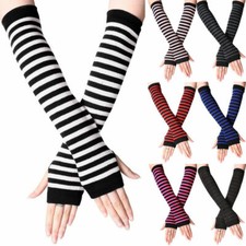 Women Striped Knit Long Fingerless Mittens Gloves Wrist Arm Warmer Sleeve Elbow