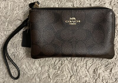 COACH brown leather C monogram wristlet bag purse clutch